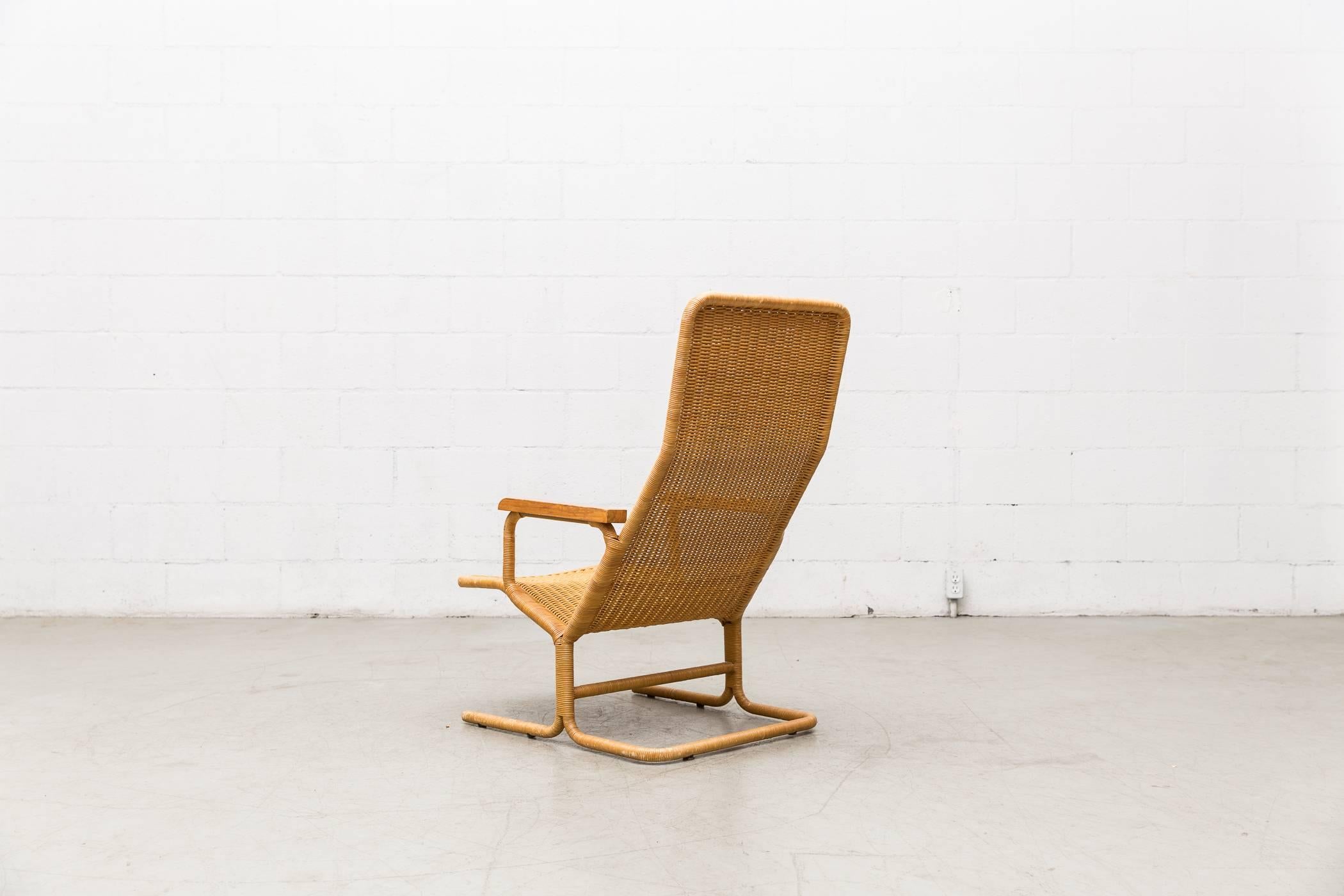 Dutch Dirk Van Sliedregt Rattan Lounge Chair with Wood Arms