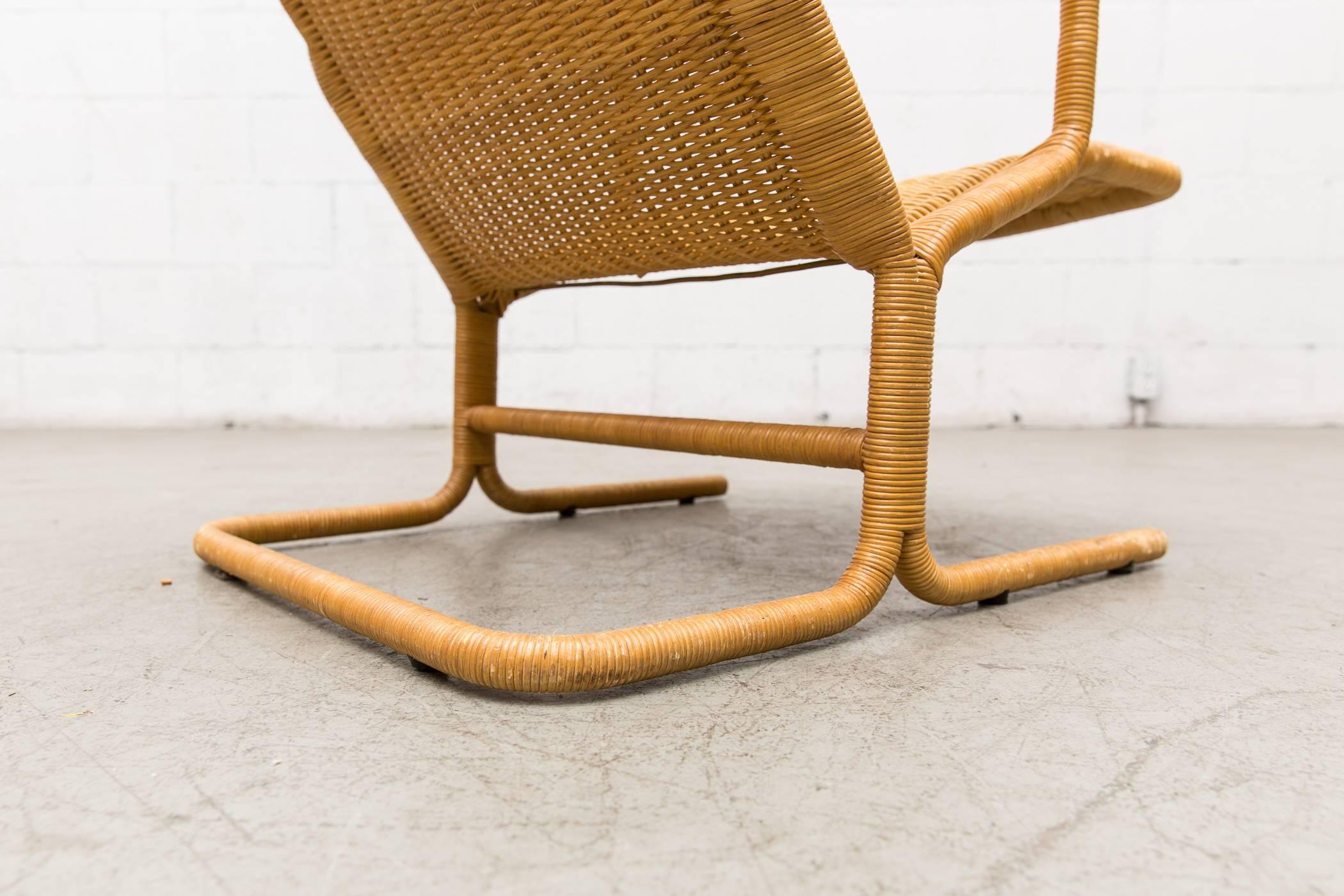 Dirk Van Sliedregt Rattan Lounge Chair with Wood Arms In Good Condition In Los Angeles, CA
