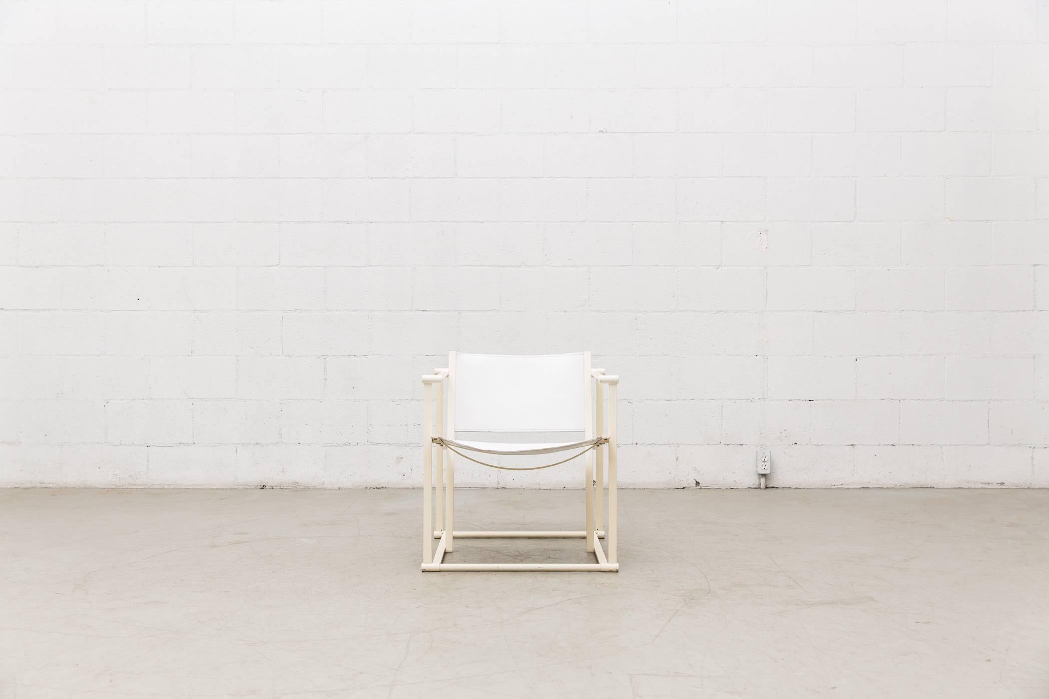 UMS Pastoe FM60, Cubic chair lounge chair, designed in 1980 by Radboud Van Beekum. White enameled steel frame with white leather seating. Frame is in original condition with visible wear to enamel. Priced per item.