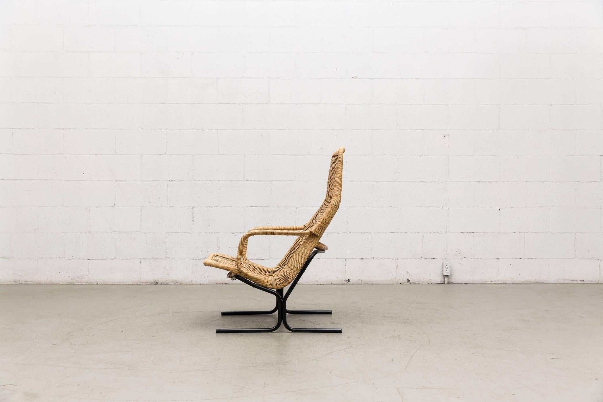 Dutch Dirk Van Sliedregt High Back Woven Rattan Lounge Chair with Black Frame