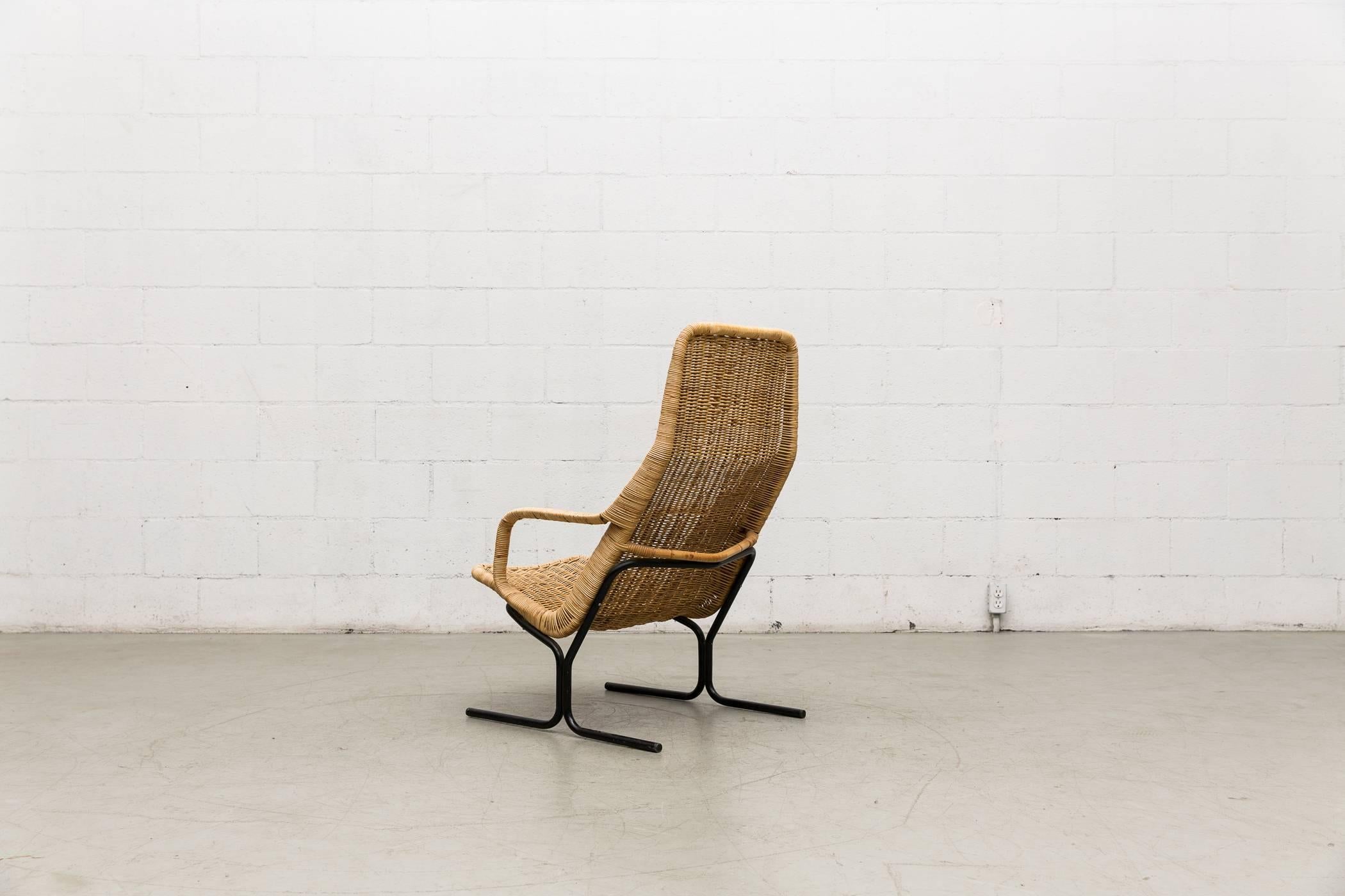 Dirk Van Sliedregt High Back Woven Rattan Lounge Chair with Black Frame In Good Condition In Los Angeles, CA