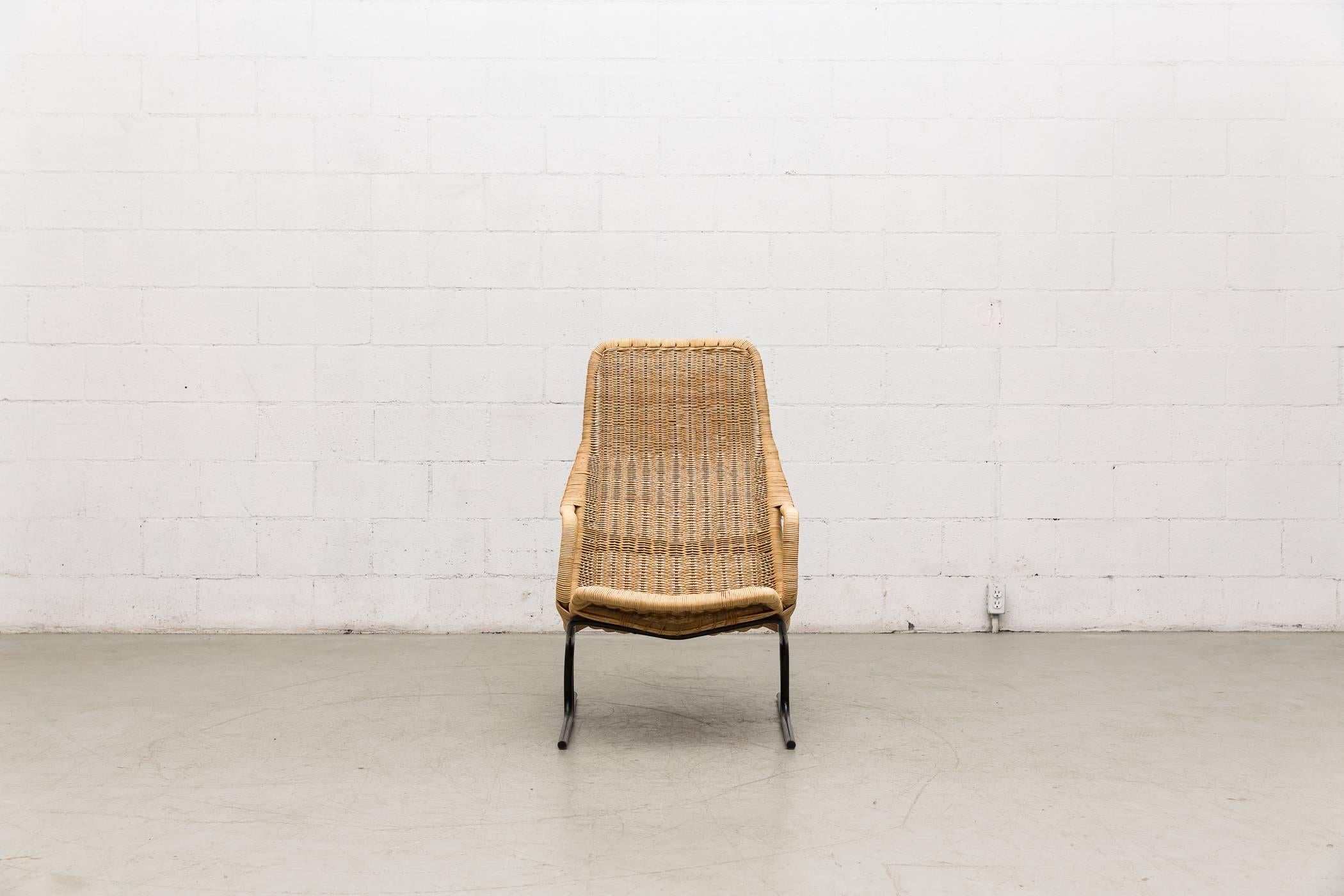 Mid-Century Modern Dirk Van Sliedregt High Back Woven Rattan Lounge Chair with Black Frame