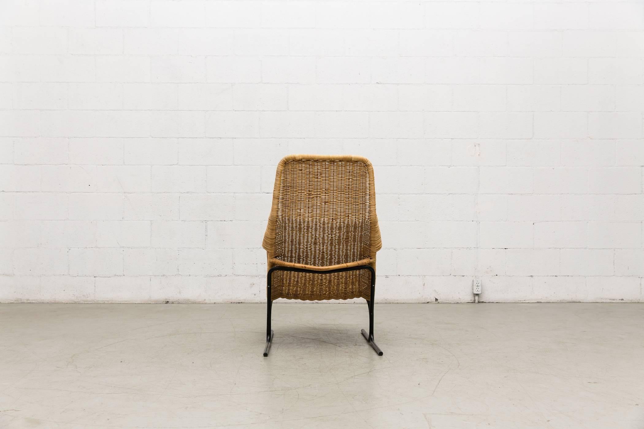 Mid-20th Century Dirk Van Sliedregt High Back Woven Rattan Lounge Chair with Black Frame