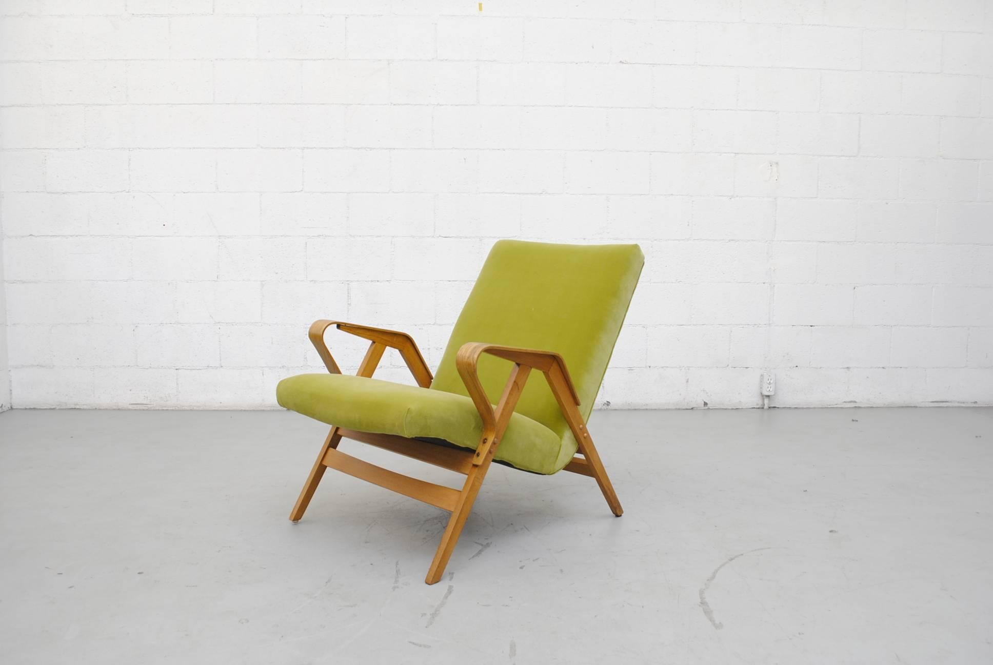 Mid-Century Modern Tatra Bent Plywood Lounge Chair in Lime Velvet