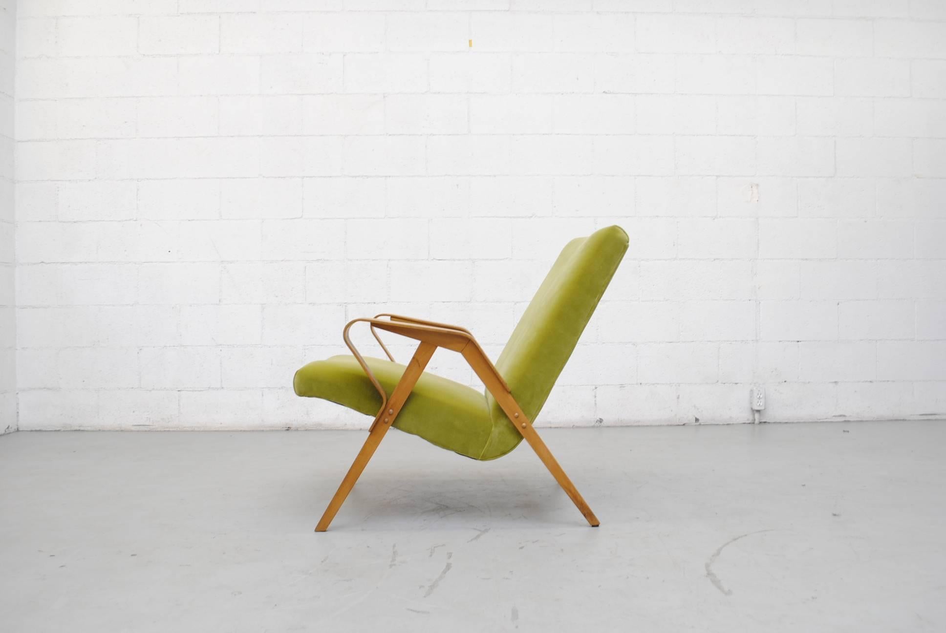 Czech Tatra Bent Plywood Lounge Chair in Lime Velvet