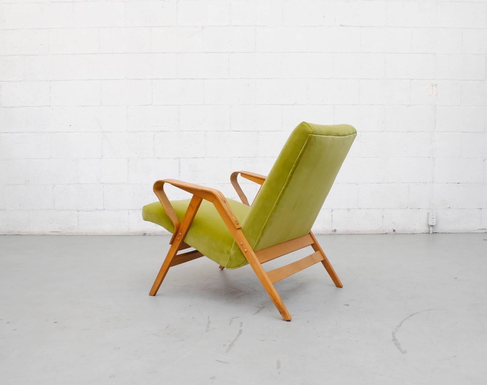 Tatra Bent Plywood Lounge Chair in Lime Velvet In Good Condition In Los Angeles, CA