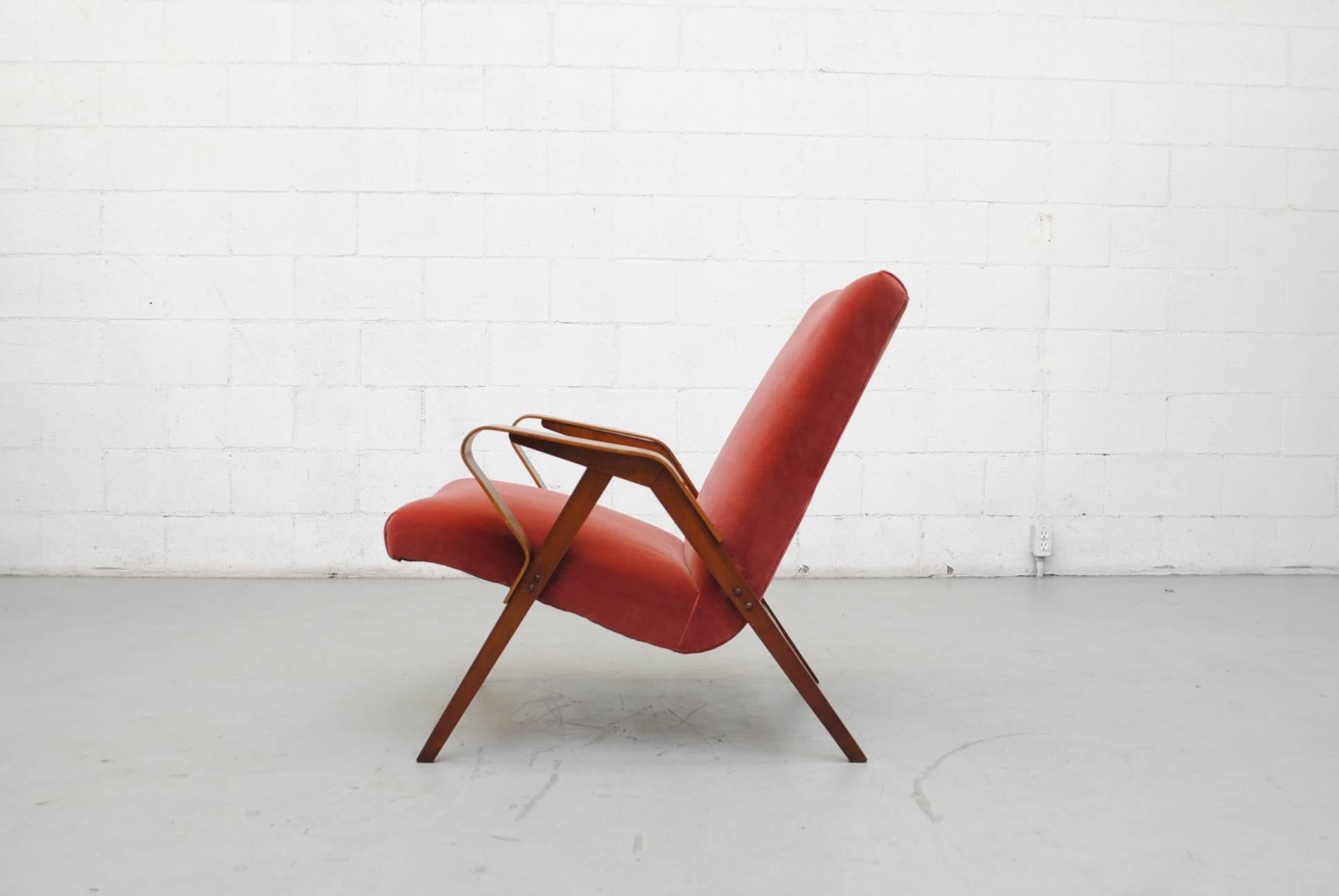 Czech Tatra Bent Plywood Lounge Chair in Velvet