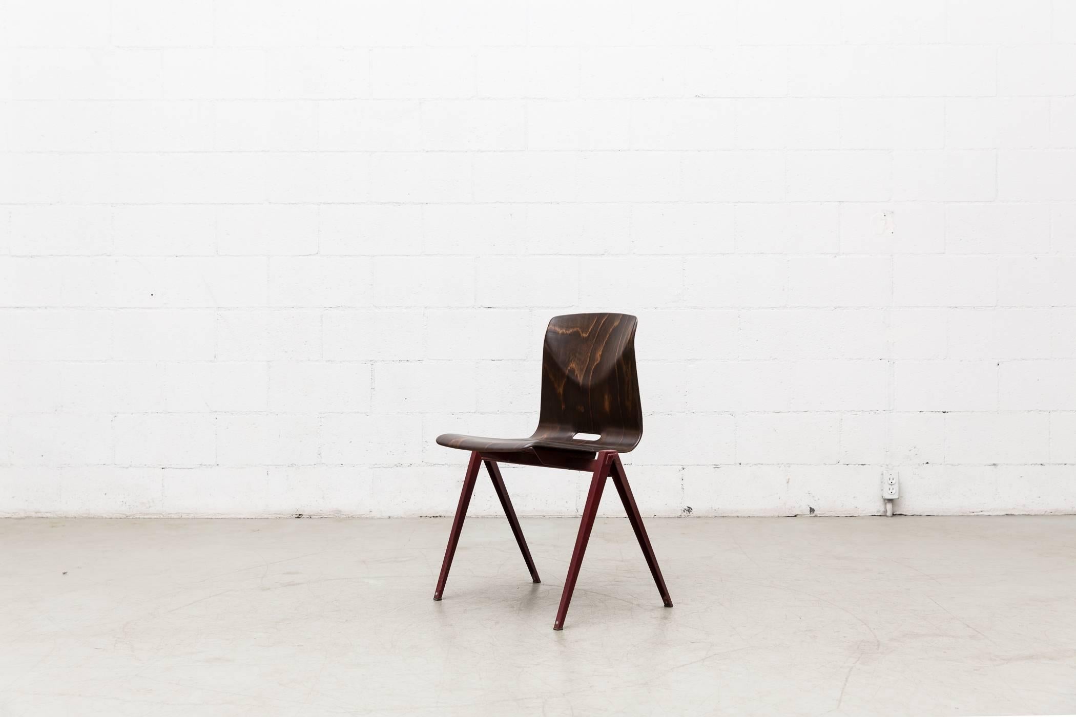 Mid-Century Modern Prouve Style Single Shell Industrial Stacking Chair with Wine Red Legs