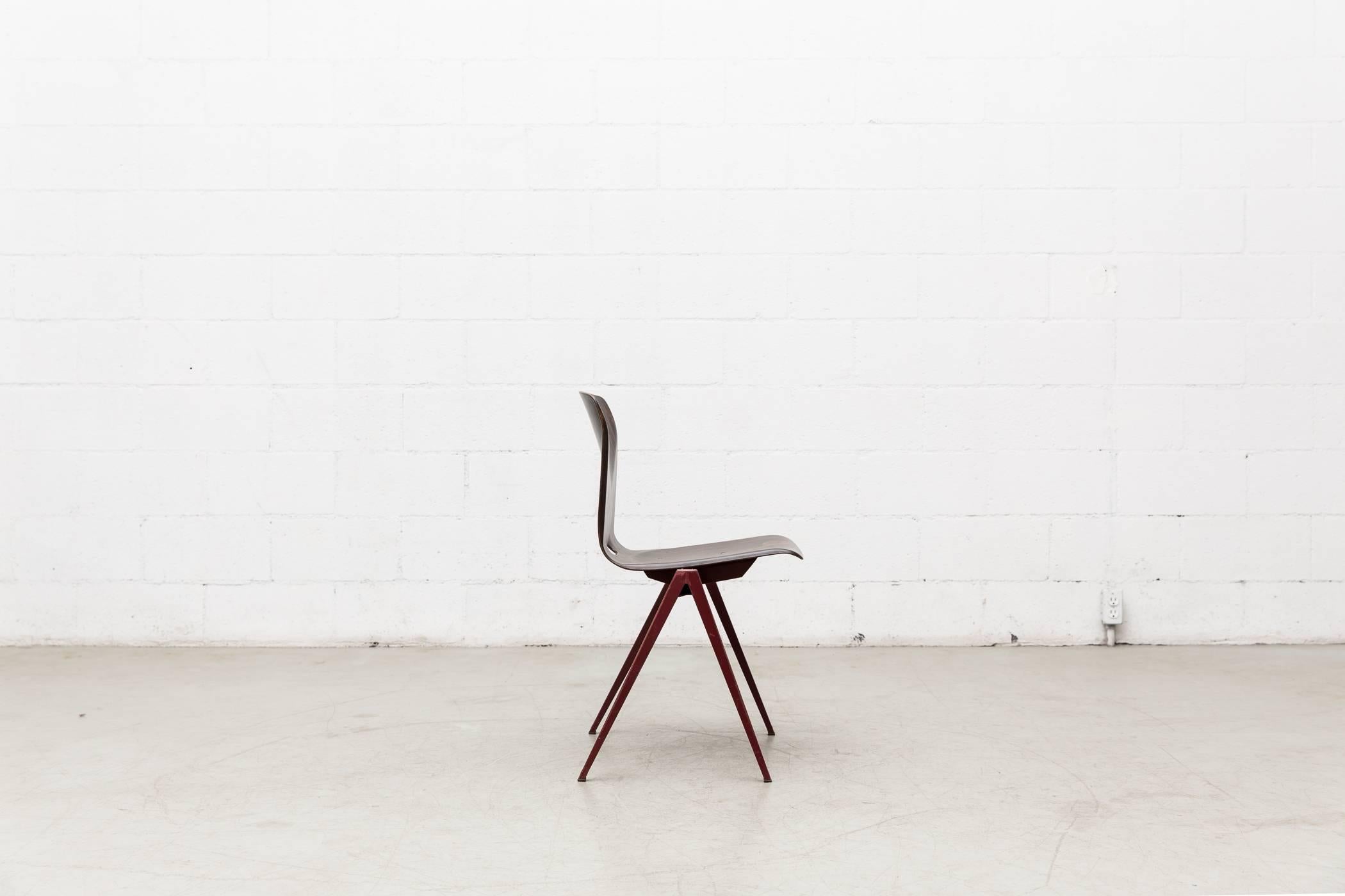 Metal Prouve Style Single Shell Industrial Stacking Chair with Wine Red Legs