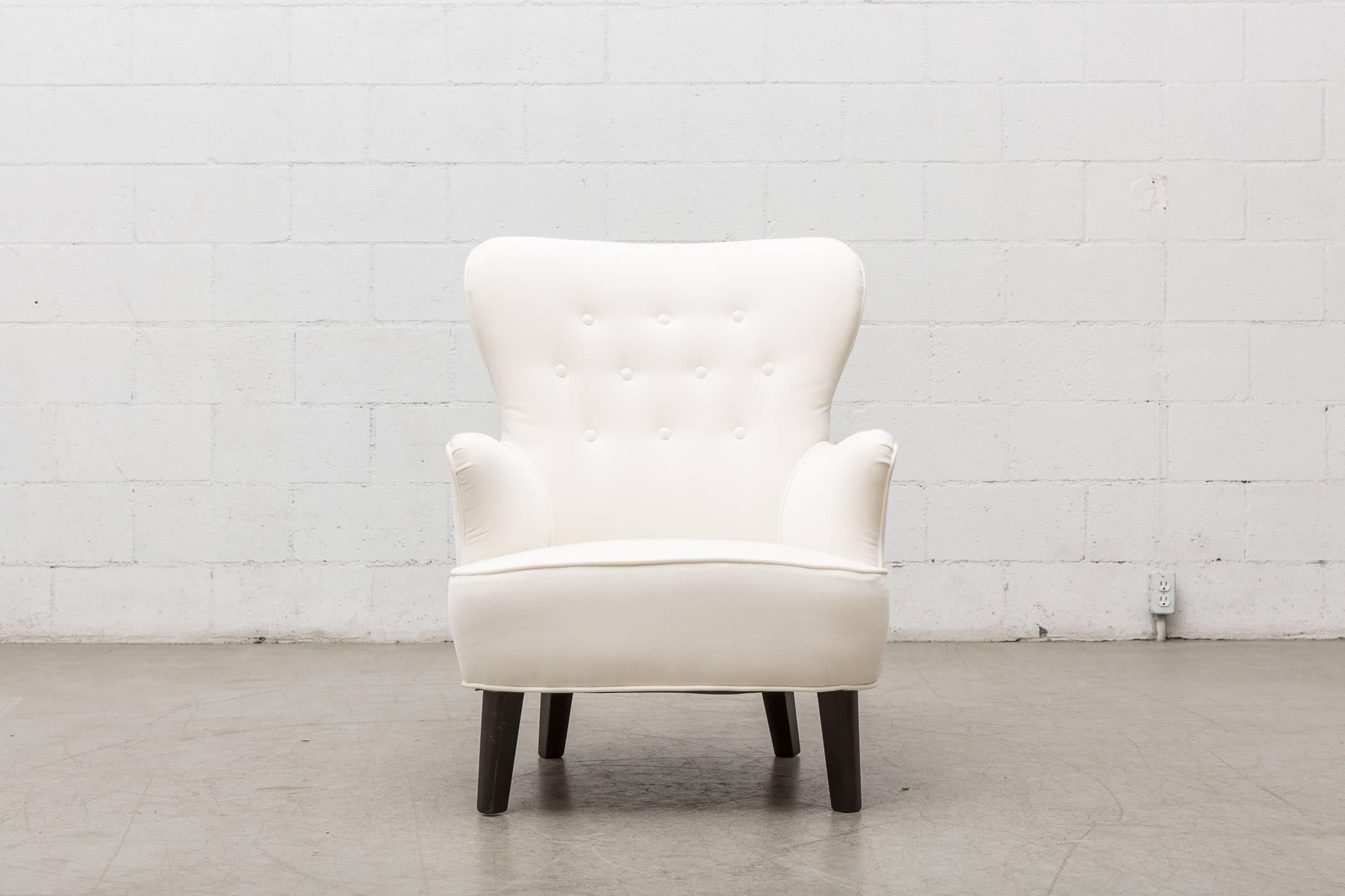 Gorgeous Pair of Newly Upholstered Theo Ruth Lounge Chairs for Artifort in White Velvet with Dark Stained Wood Legs. Legs in Good Original Condition with Some Signs of Wear. Set Price. Other Similar Color and Fabric Ways Available, Listed Separately.