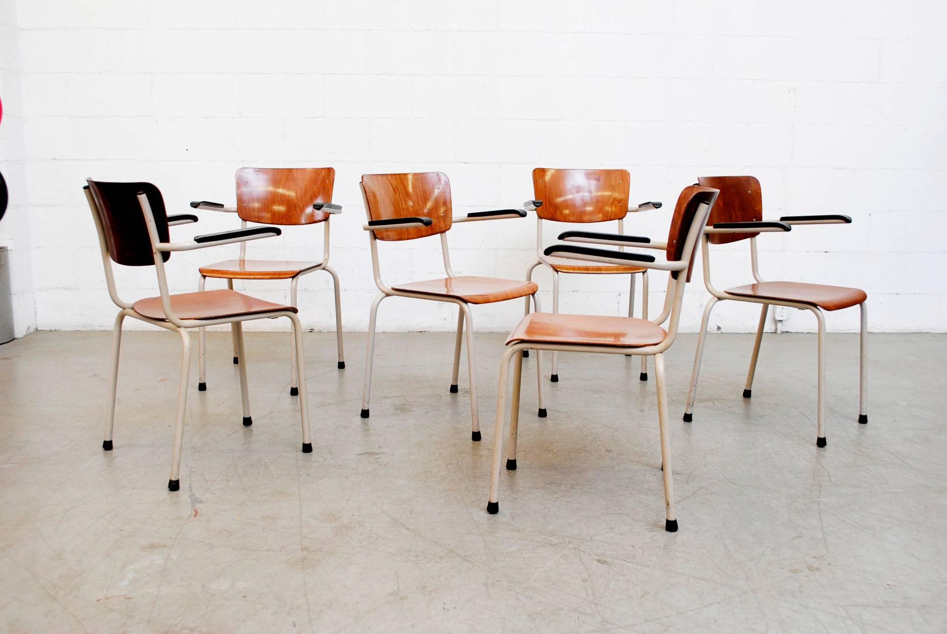 Mid-Century Modern Set of 8 Gispen Stacking Plywood Armchairs with Bakelite Armrests