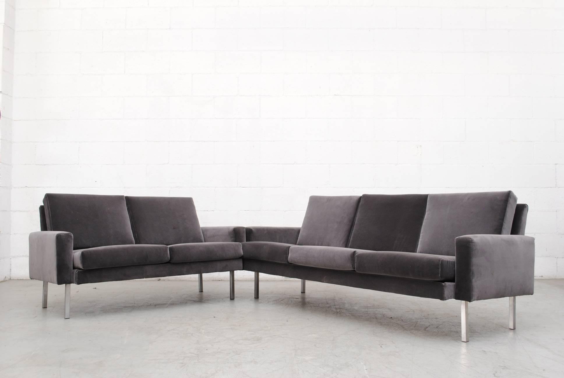 Loveseat by Martin Visser. Brand new grey velvet upholstery with chrome legs. Legs in original condition with visible wear.