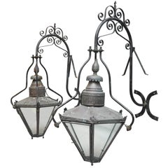 Antique Pair of 19th Century Monumental English Copper and Iron Outdoor Lantern Sconces