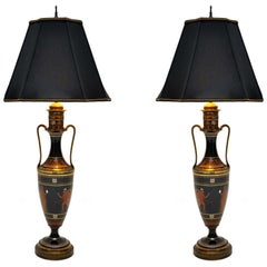 Pair of Art Deco Mythological Porcelain and Bronze Vase Lamps, France, 1930