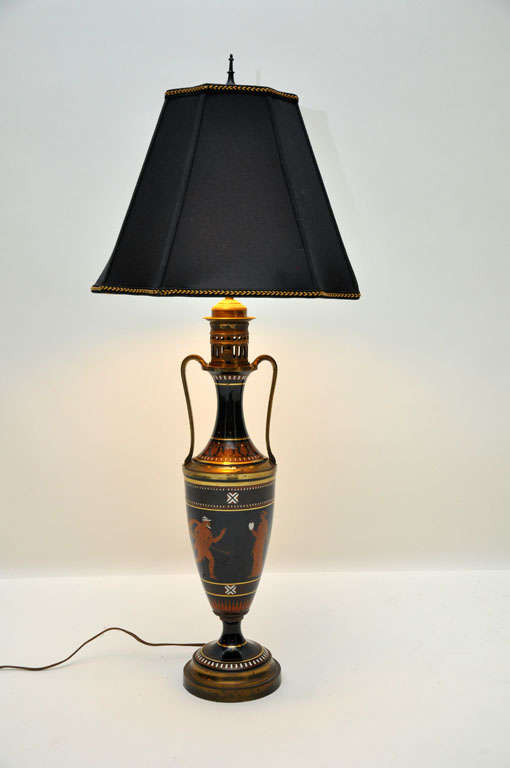 Greco Roman Pair of Art Deco Mythological Porcelain and Bronze Vase Lamps, France, 1930 For Sale