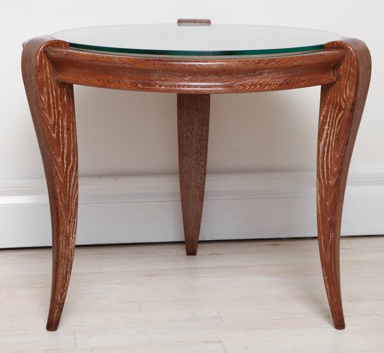 Round Cerused Oak Tripod Side Table with Glass Top and Tappering Legs