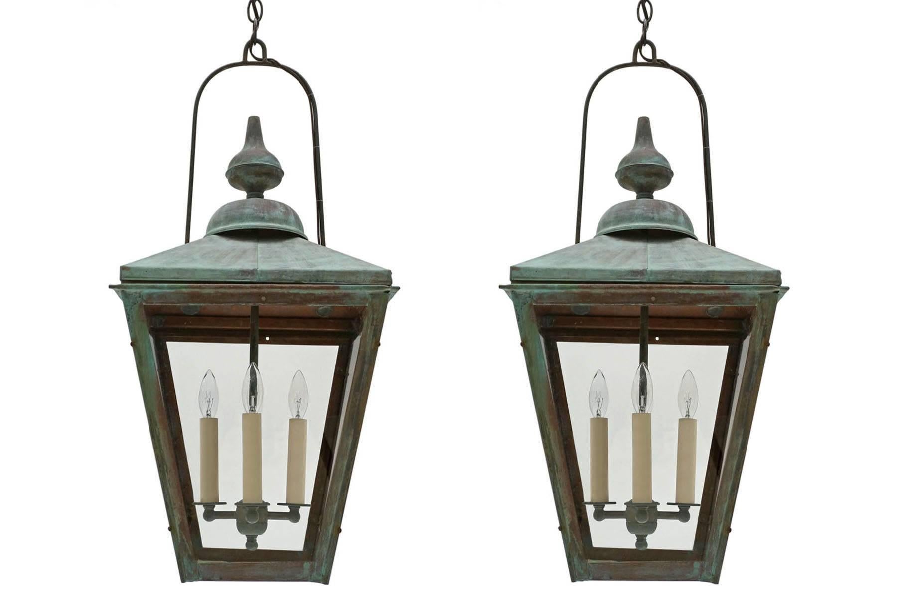 Pair of Patinated Copper Square Lanterns with Four Lights, France, circa 1950 5