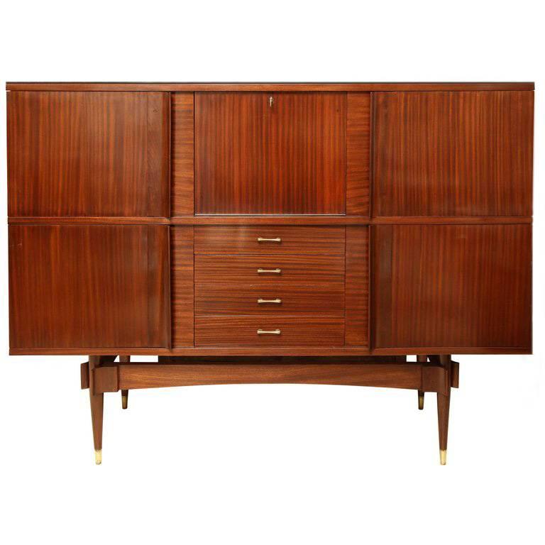 Mid-Century Modern Italian Sapele Wood Cabinet with Drop Down Bar and Interior Drawers, circa 1970 For Sale