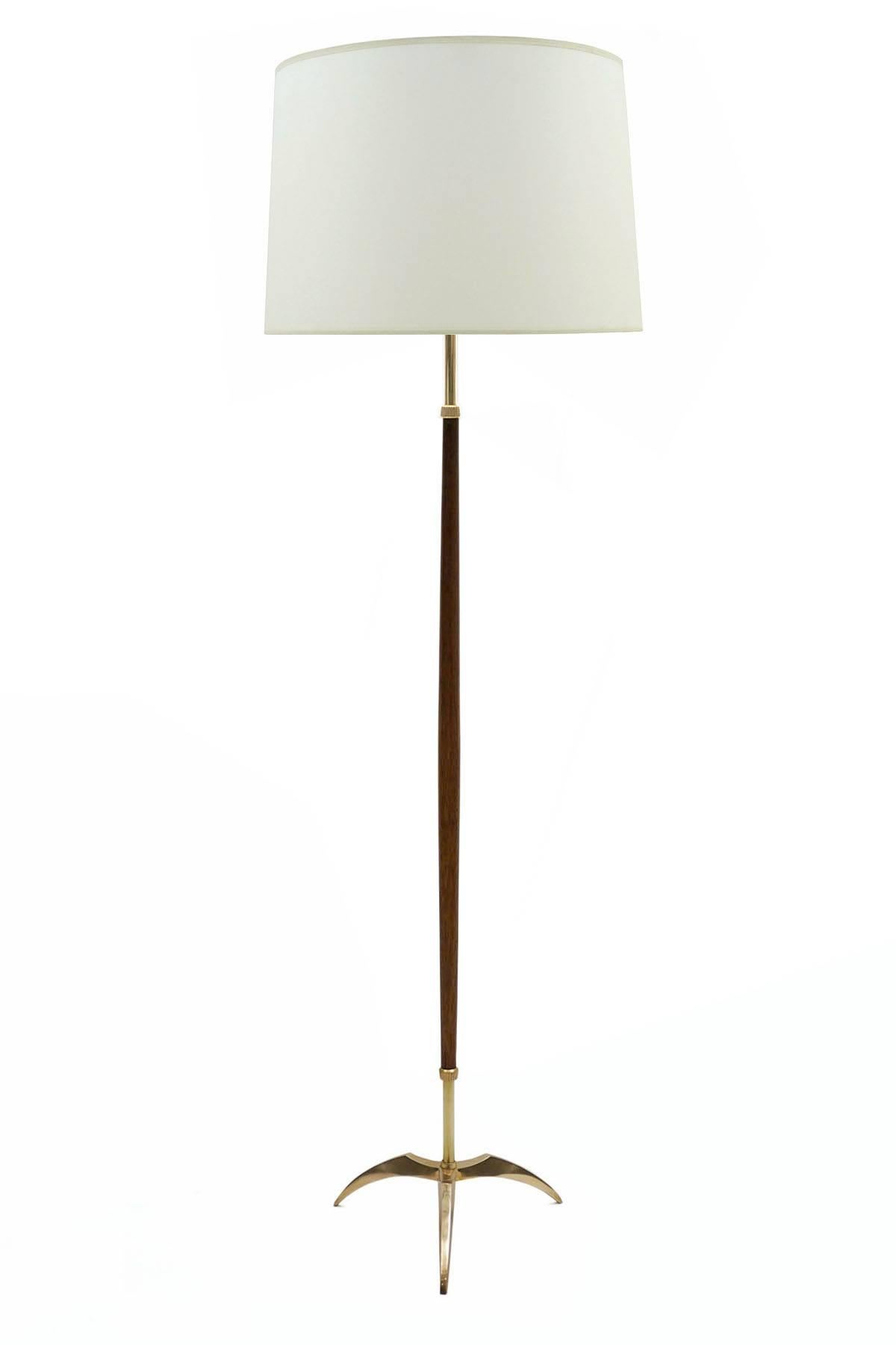 Midcentury Brass and Wood Standing Lamp on Tripod Base, Spain, circa 1950s 4