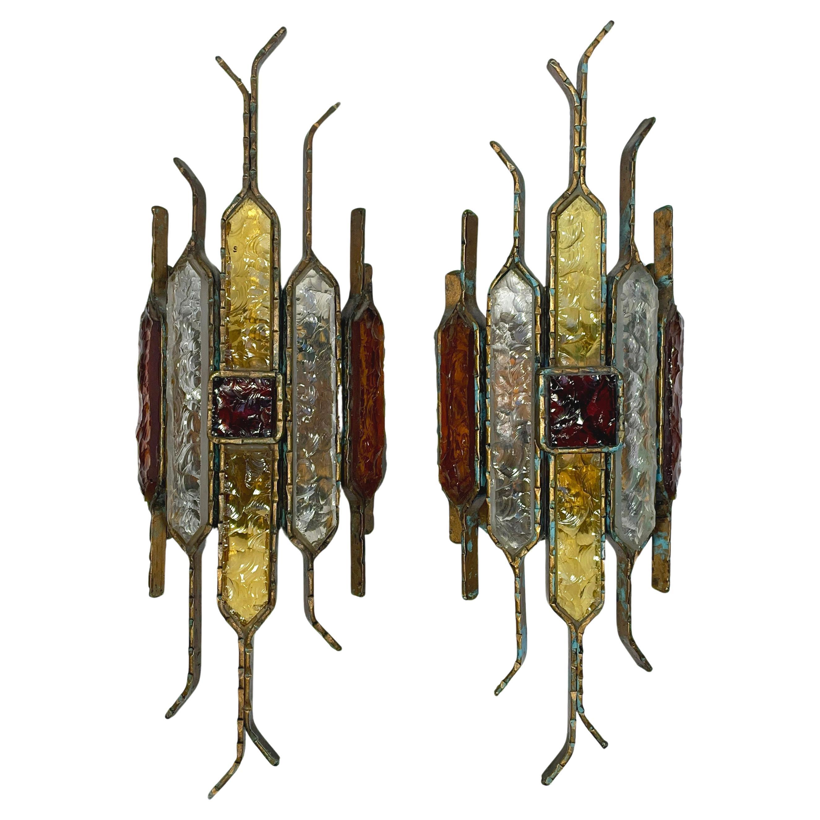 Beautiful 1970s Pair of Brutalist Hammered Glass Sconces by Longobard, Italy For Sale