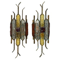 Vintage Beautiful 1970s Pair of Brutalist Hammered Glass Sconces by Longobard, Italy