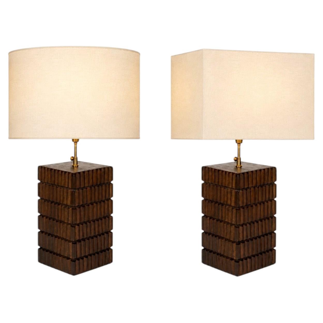 Pair of Italian Mid-Century Brutalist Wood Table Lamps with Brass Details For Sale
