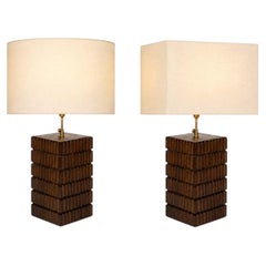 Pair of Italian Mid-Century Brutalist Wood Table Lamps with Brass Details