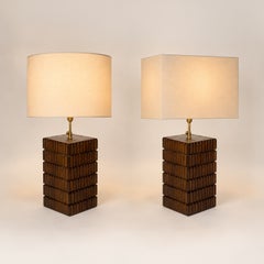 Pair of Italian Mid-Century Brutalist Wood Table Lamps with Brass Details
