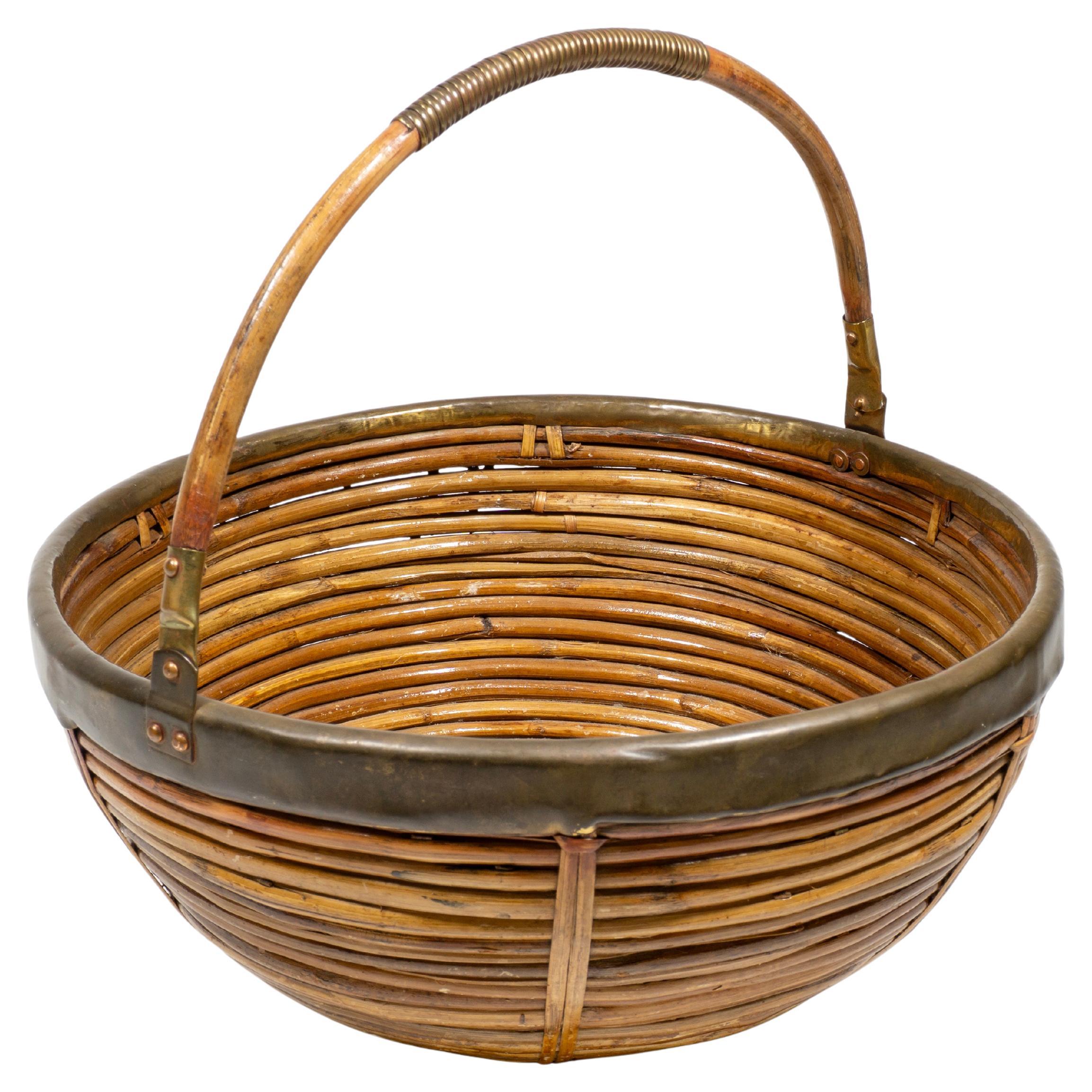 Vintage French Riviera Crespi Pencil Reed Brass Basket with Handle, Italy 1970
