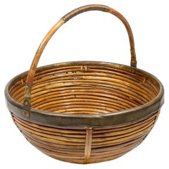 Vintage French Riviera Crespi Pencil Reed Brass Basket with Handle, Italy 1970
