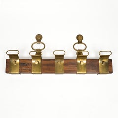Italian Vintage Mid-Century Wall-Mounted Coat Rack, Wood and Brass, Italy 1950