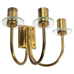 Mid-Century Three-Armed Wall Light in Patinated Brass & Glass Details, 1950s