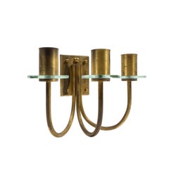 Mid-Century Three-Armed Wall Light in Patinated Brass & Glass Details, 1950s
