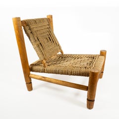 Mid-Century Lounge Chair Audoux & Minet, Wood & Rope, France, 1950