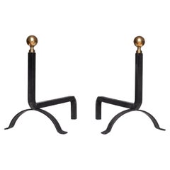 1940s Modernist Wrought Iron and Brass Andirons - Jacques Adnet Style - France