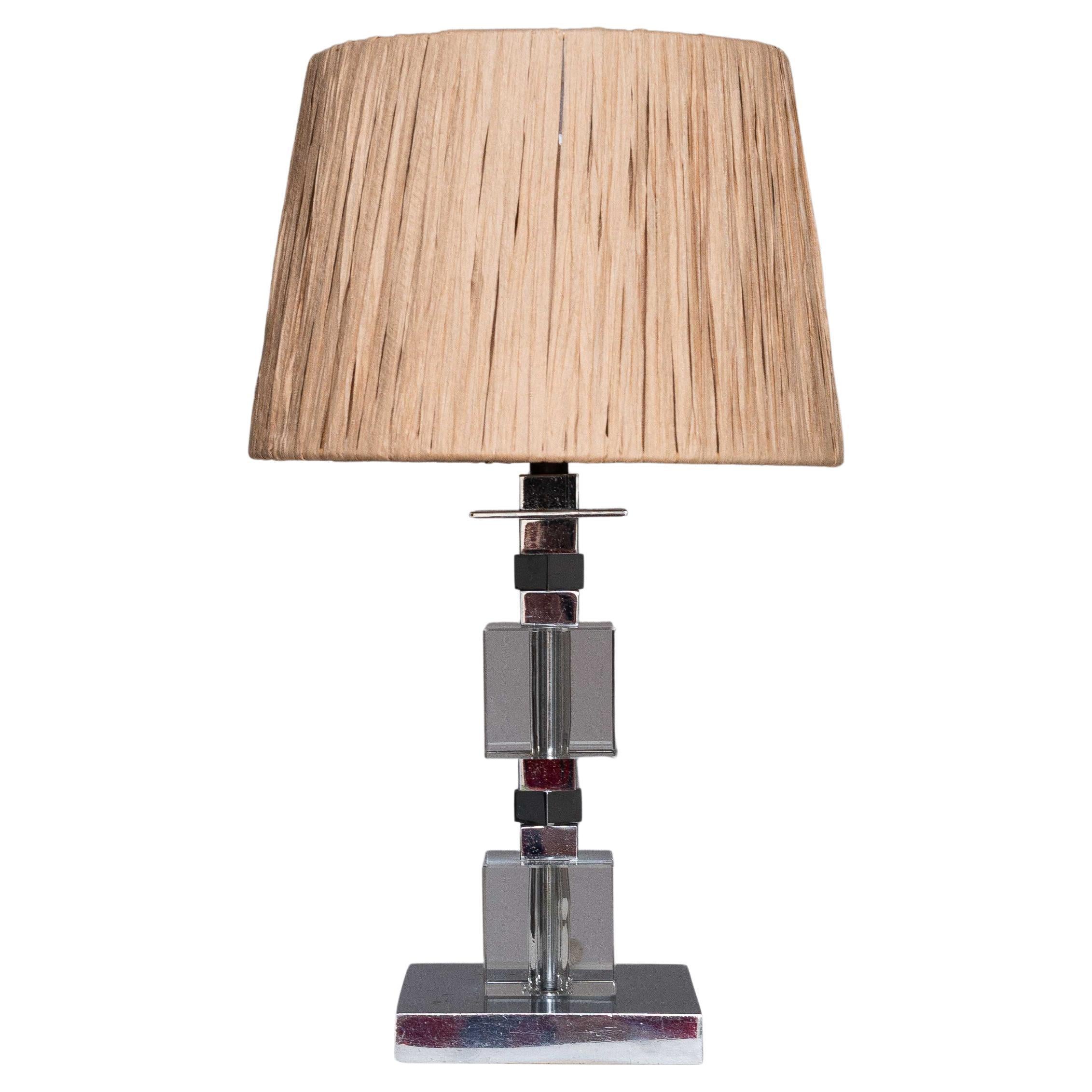 Art Deco Table Lamp - Chrome, Plexiglas and Raffia - Jacques Adnet Style 1940s For Sale