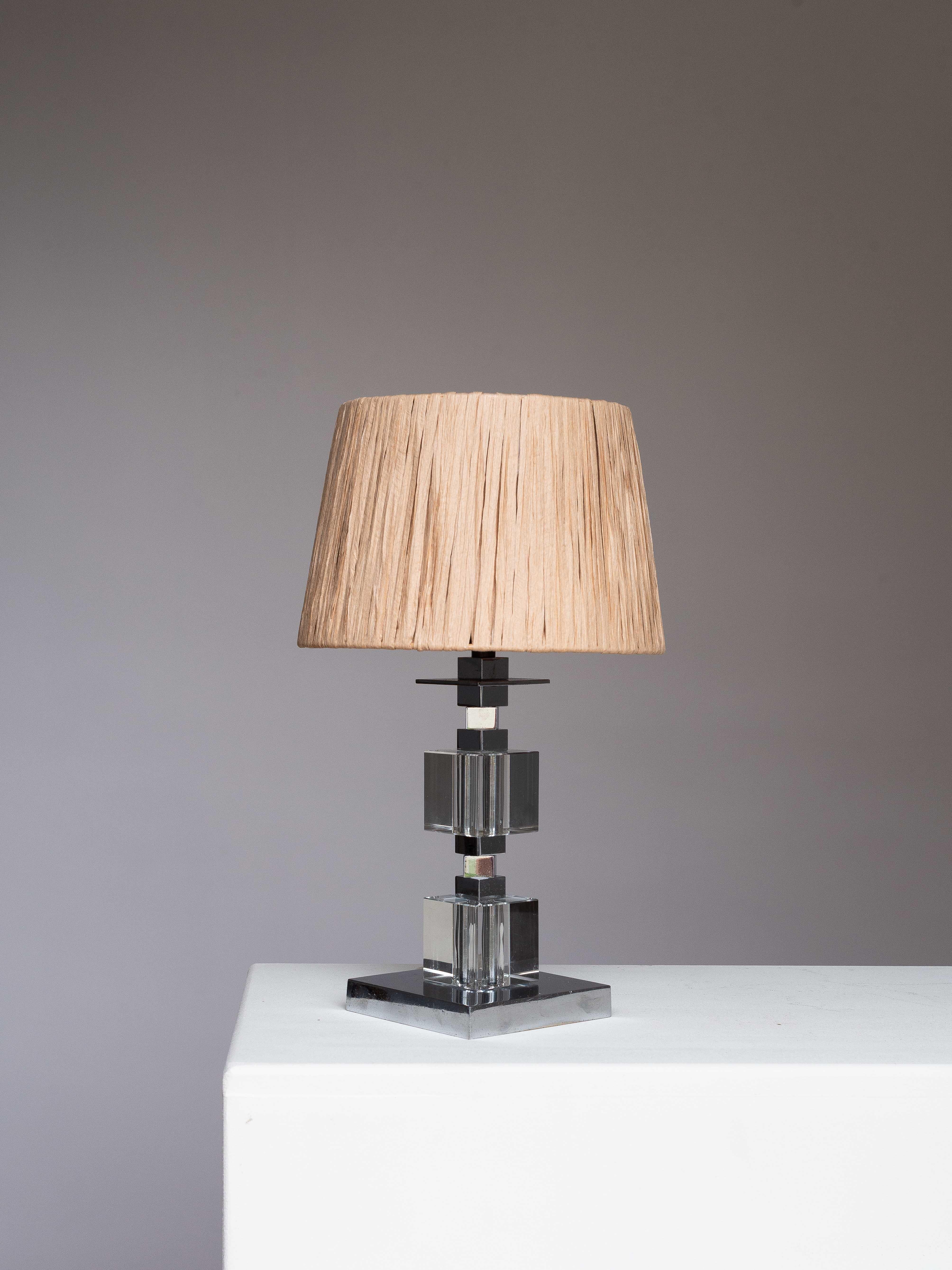 French Art Deco Table Lamp - Chrome, Plexiglas and Raffia - Jacques Adnet Style 1940s For Sale