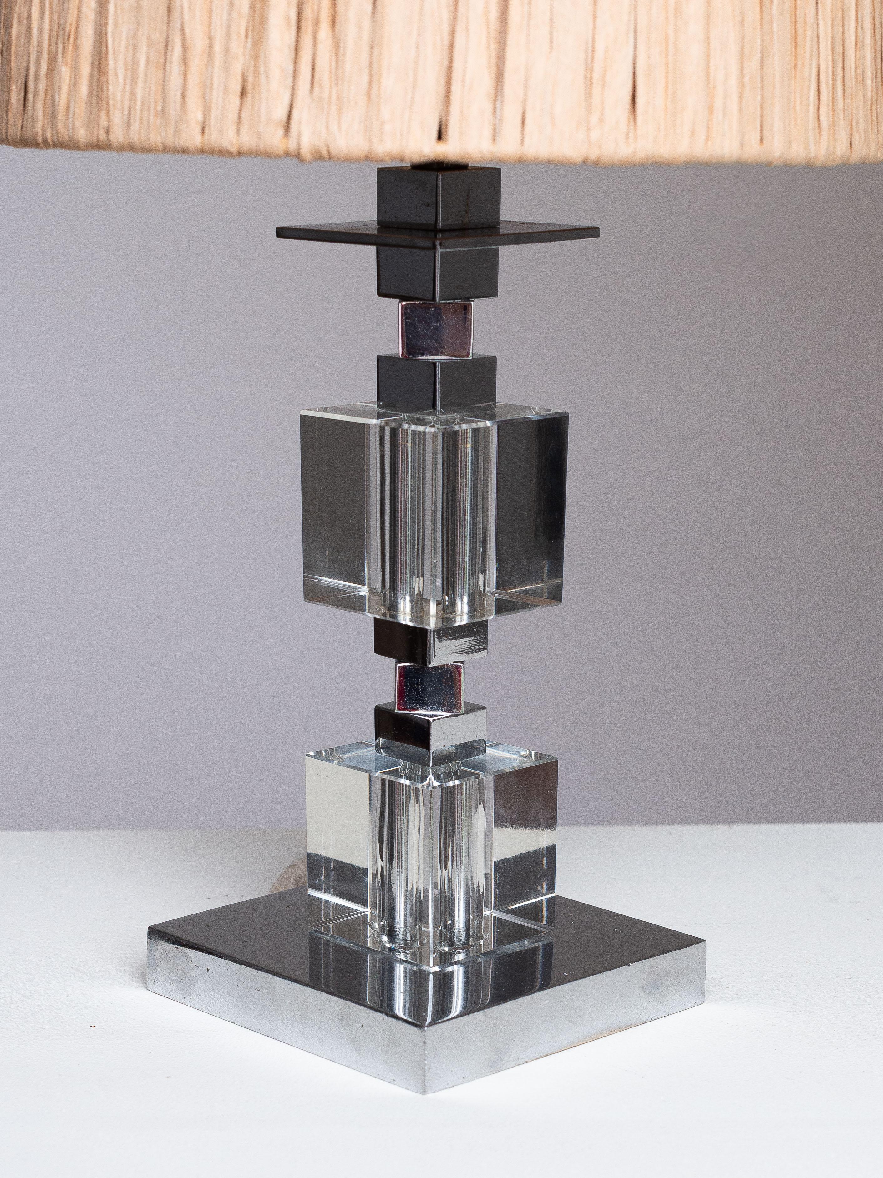 Cast Art Deco Table Lamp - Chrome, Plexiglas and Raffia - Jacques Adnet Style 1940s For Sale