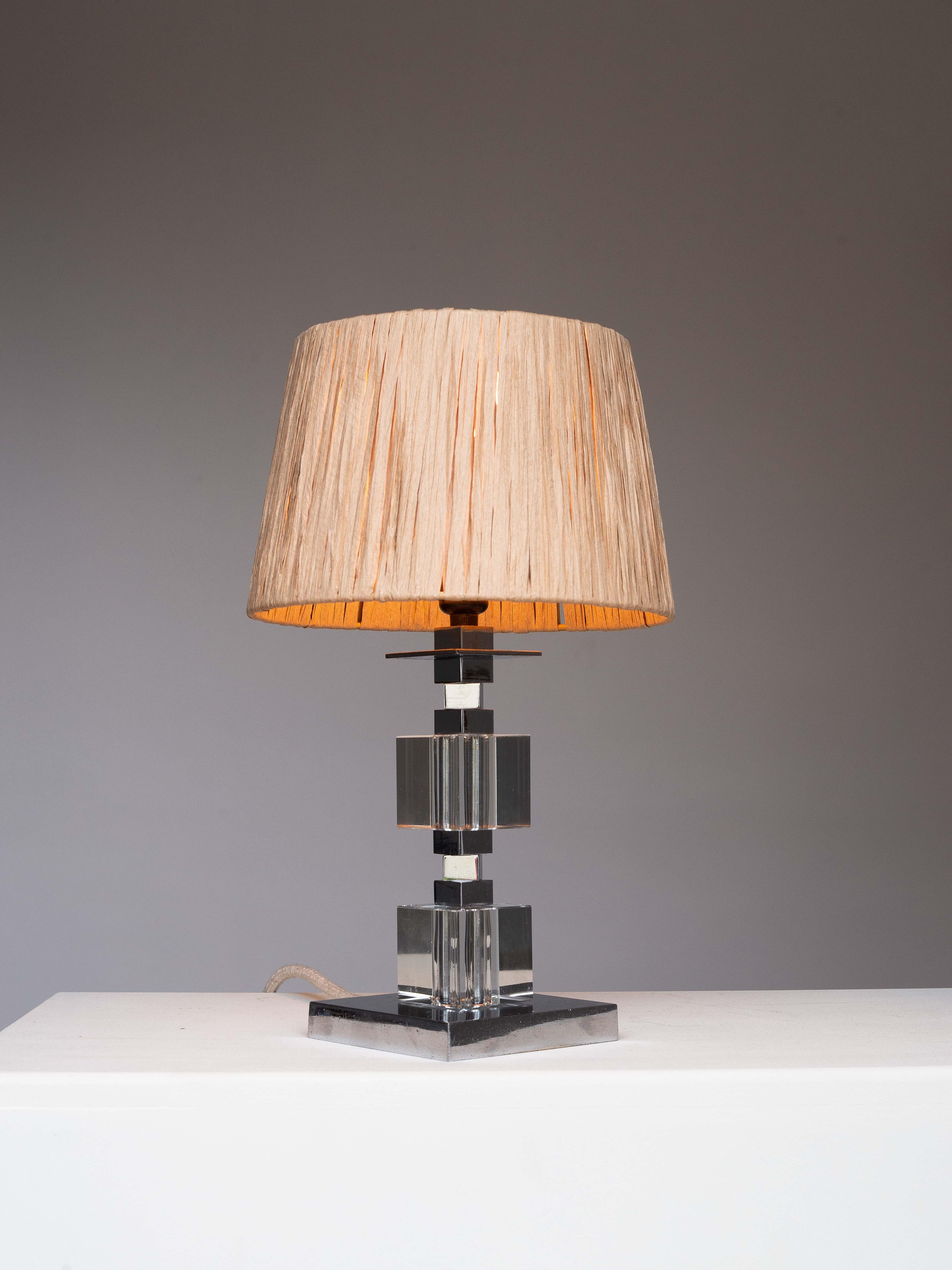 Art Deco Table Lamp - Chrome, Plexiglas and Raffia - Jacques Adnet Style 1940s For Sale 3