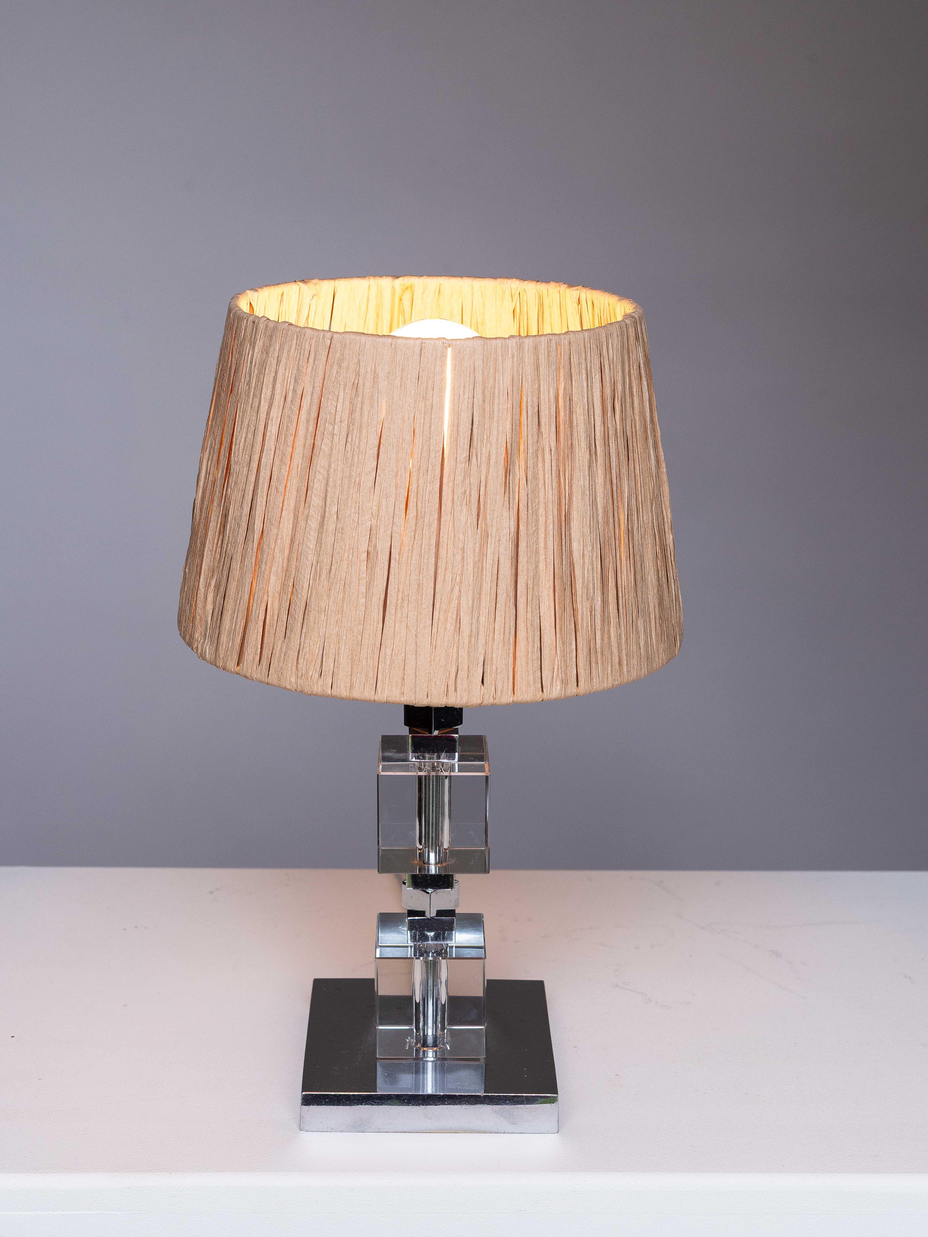 Art Deco Table Lamp - Chrome, Plexiglas and Raffia - Jacques Adnet Style 1940s For Sale 1