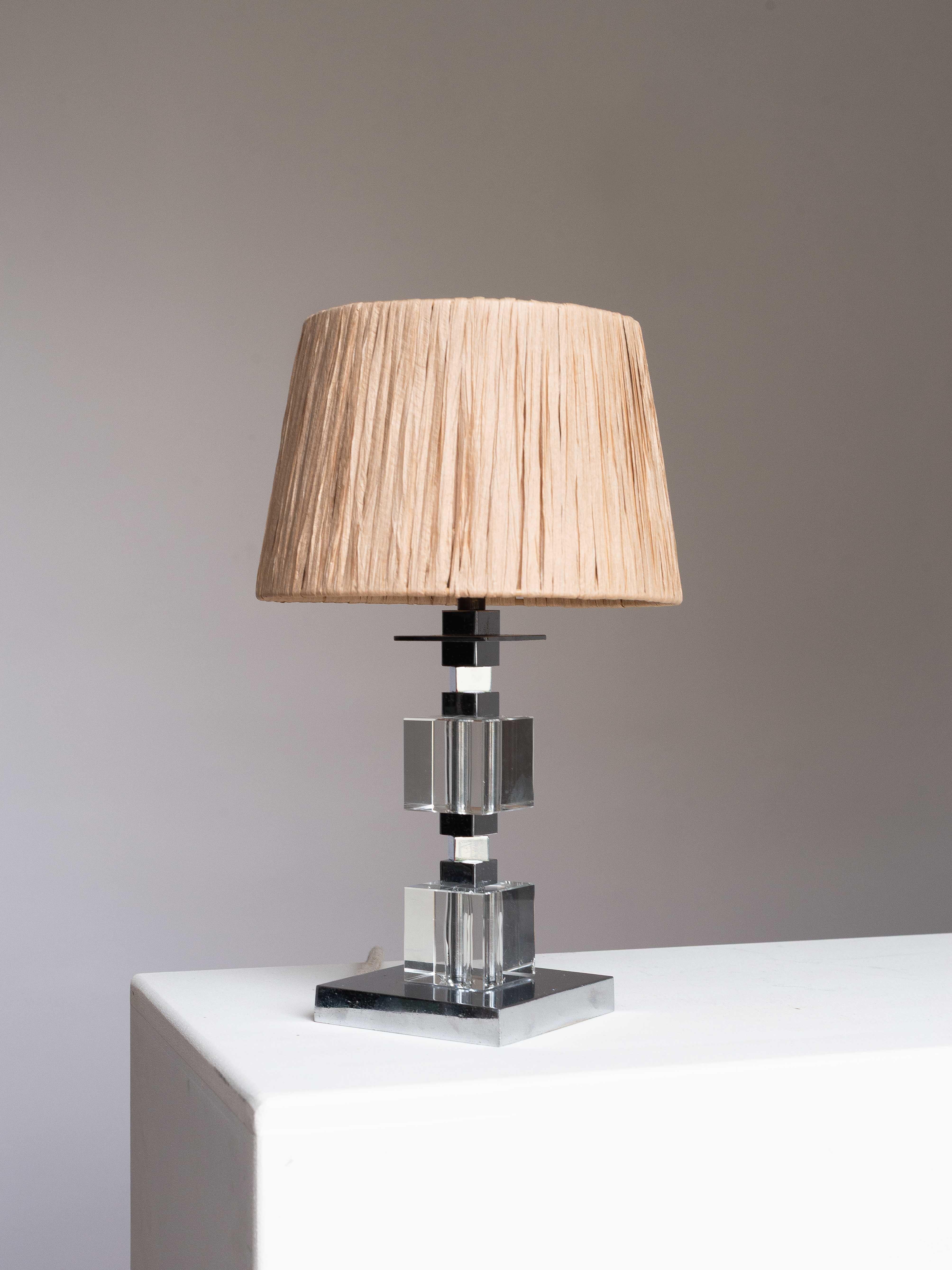Art Deco Table Lamp - Chrome, Plexiglas and Raffia - Jacques Adnet Style 1940s For Sale 2