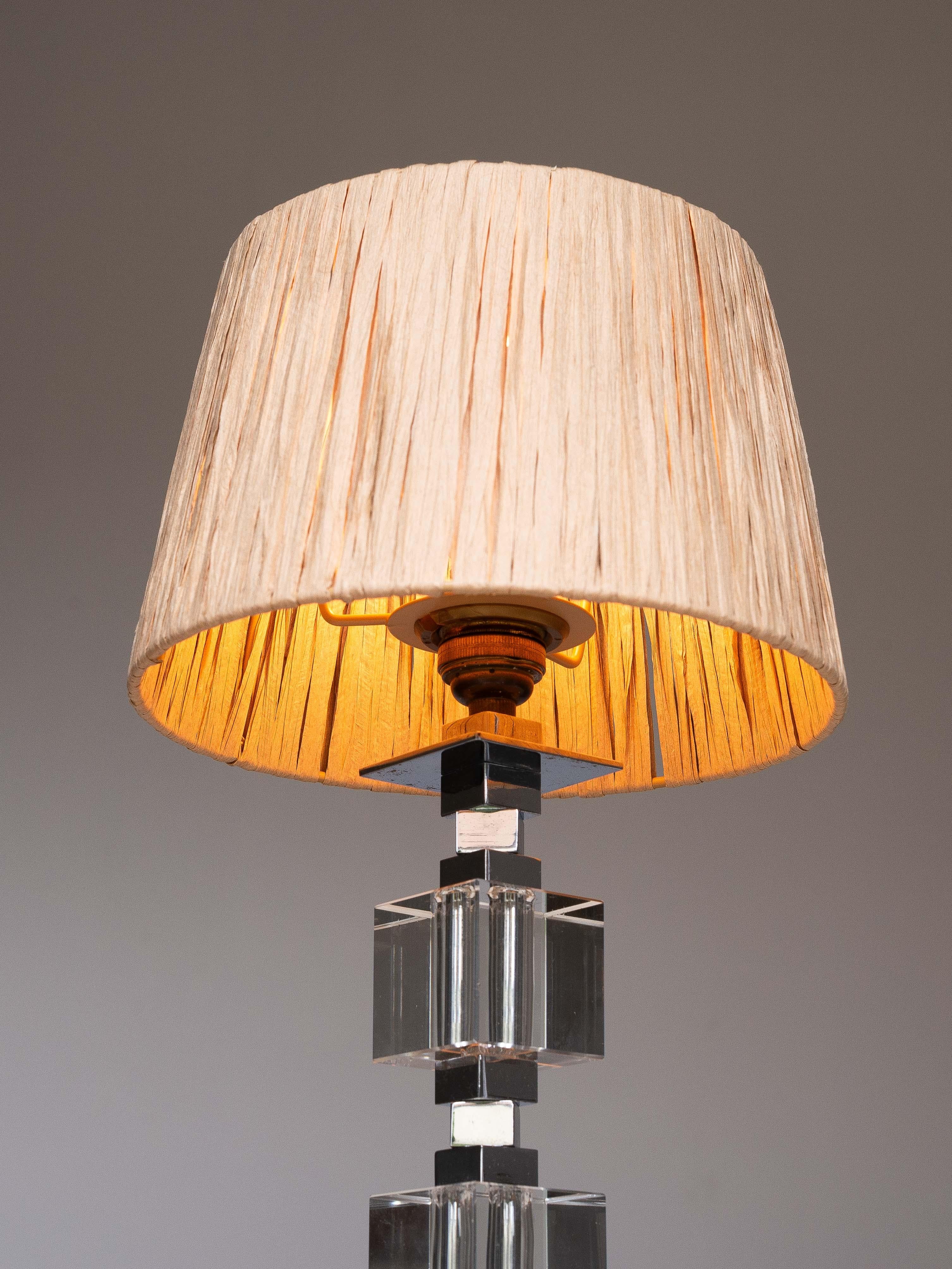 Metal Art Deco Table Lamp - Chrome, Plexiglas and Raffia - Jacques Adnet Style 1940s For Sale