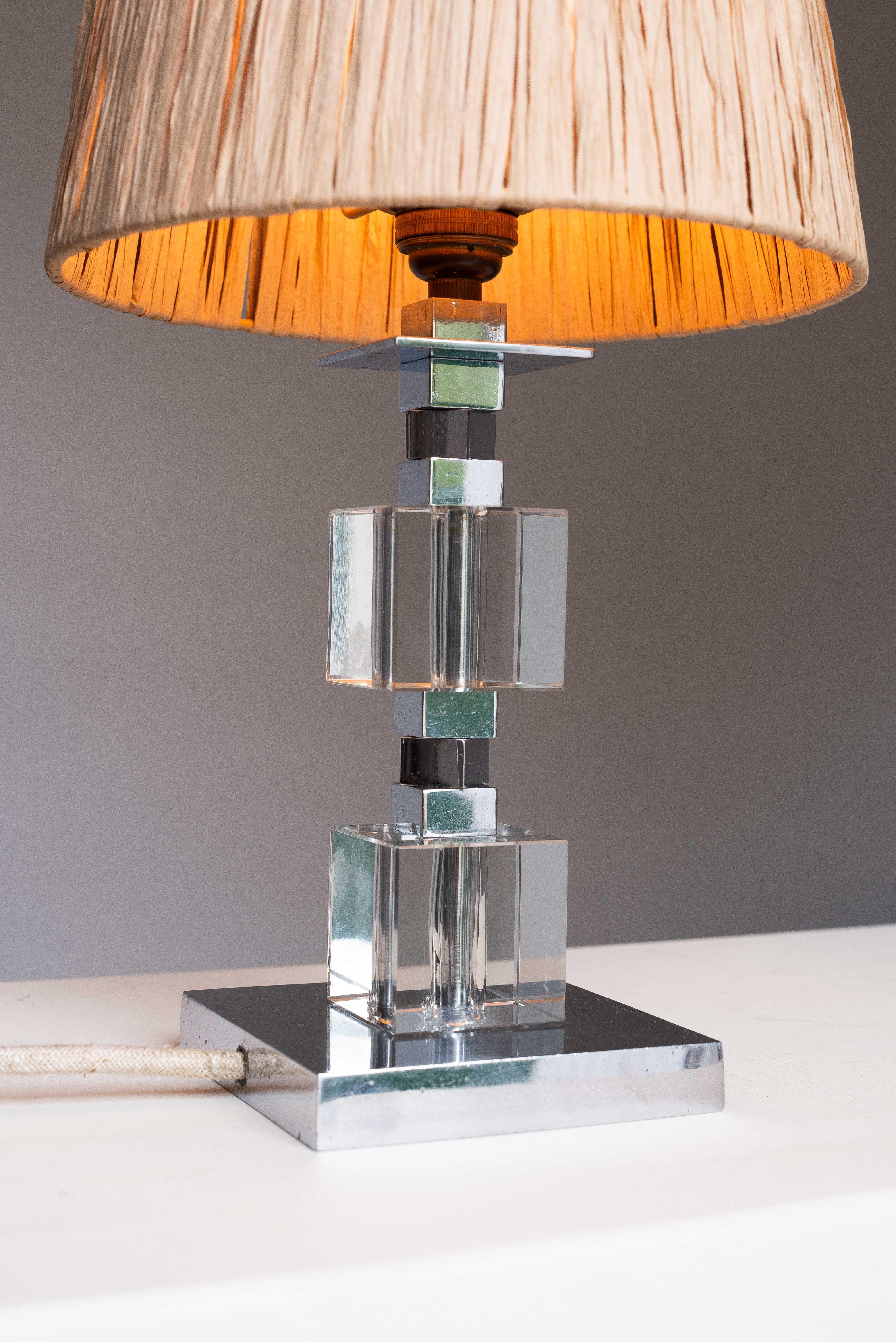 Art Deco Table Lamp - Chrome, Plexiglas and Raffia - Jacques Adnet Style 1940s For Sale 5