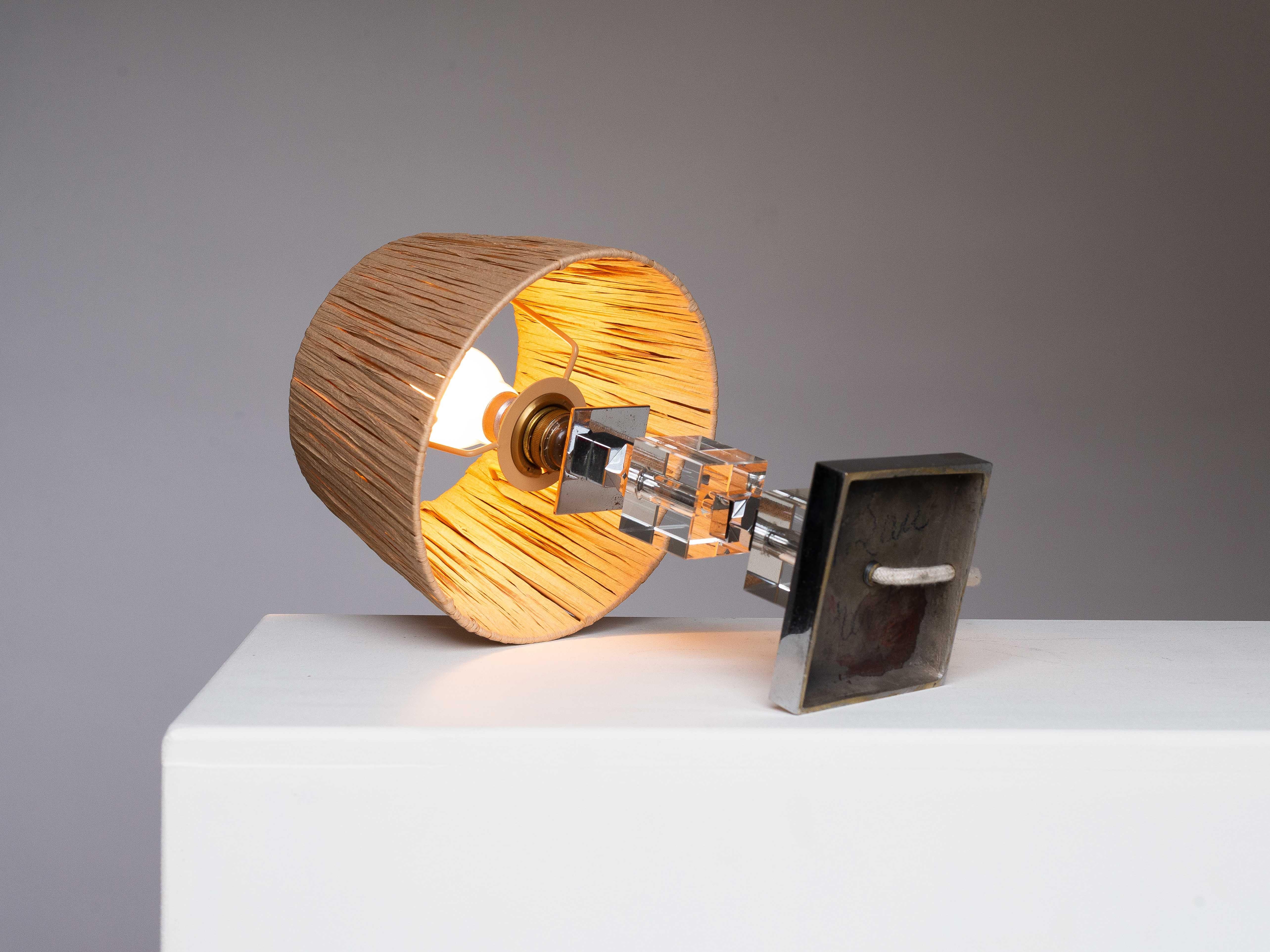 Art Deco Table Lamp - Chrome, Plexiglas and Raffia - Jacques Adnet Style 1940s For Sale 8
