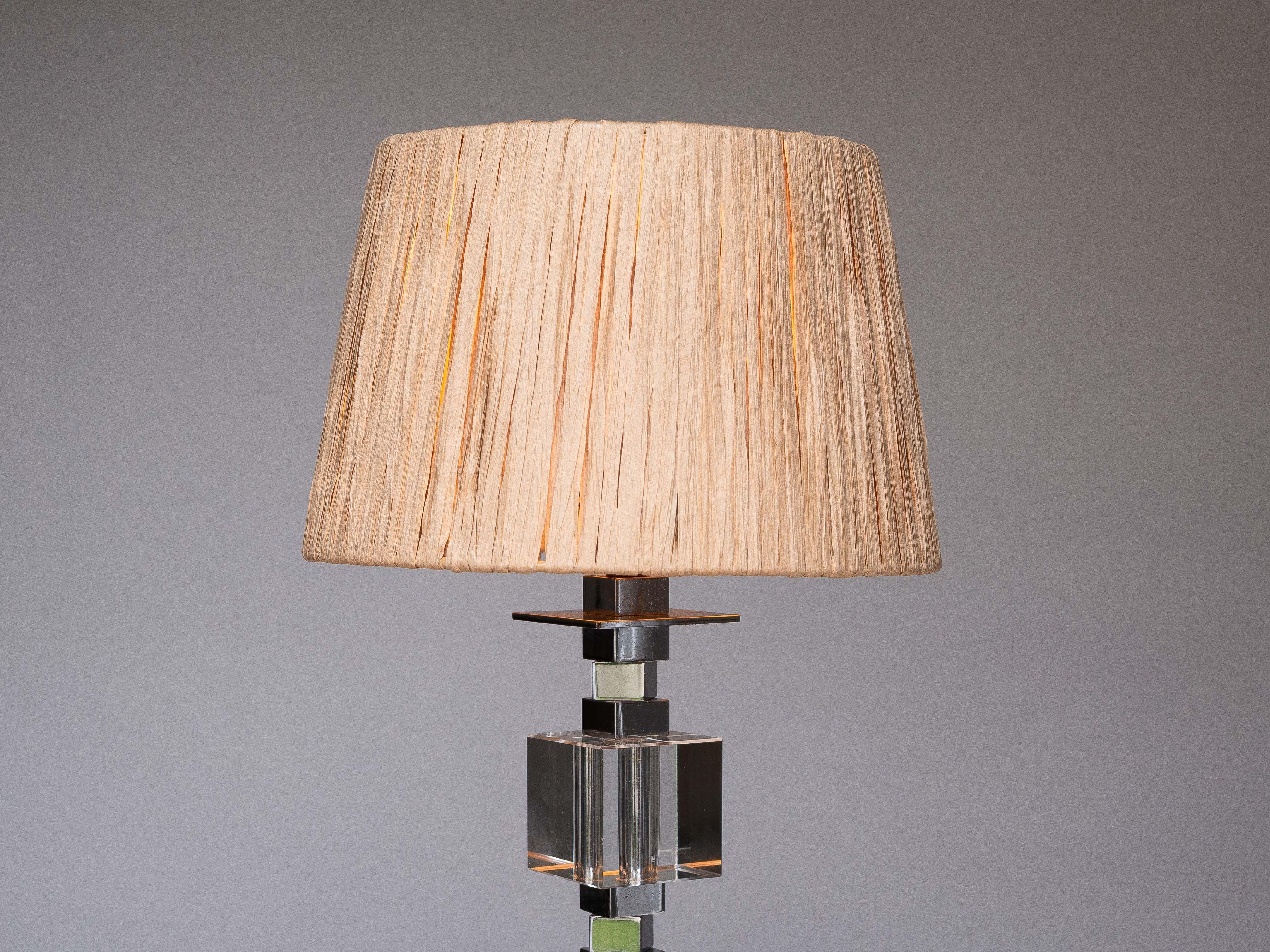 Art Deco Table Lamp - Chrome, Plexiglas and Raffia - Jacques Adnet Style 1940s For Sale 6