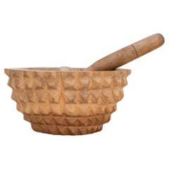 Hand-Carved Wooden Mortar & Pestle - Solid Acacia Wood - France 1970s