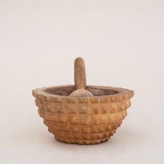 Hand-Carved Wooden Mortar & Pestle - Solid Acacia Wood - France 1970s