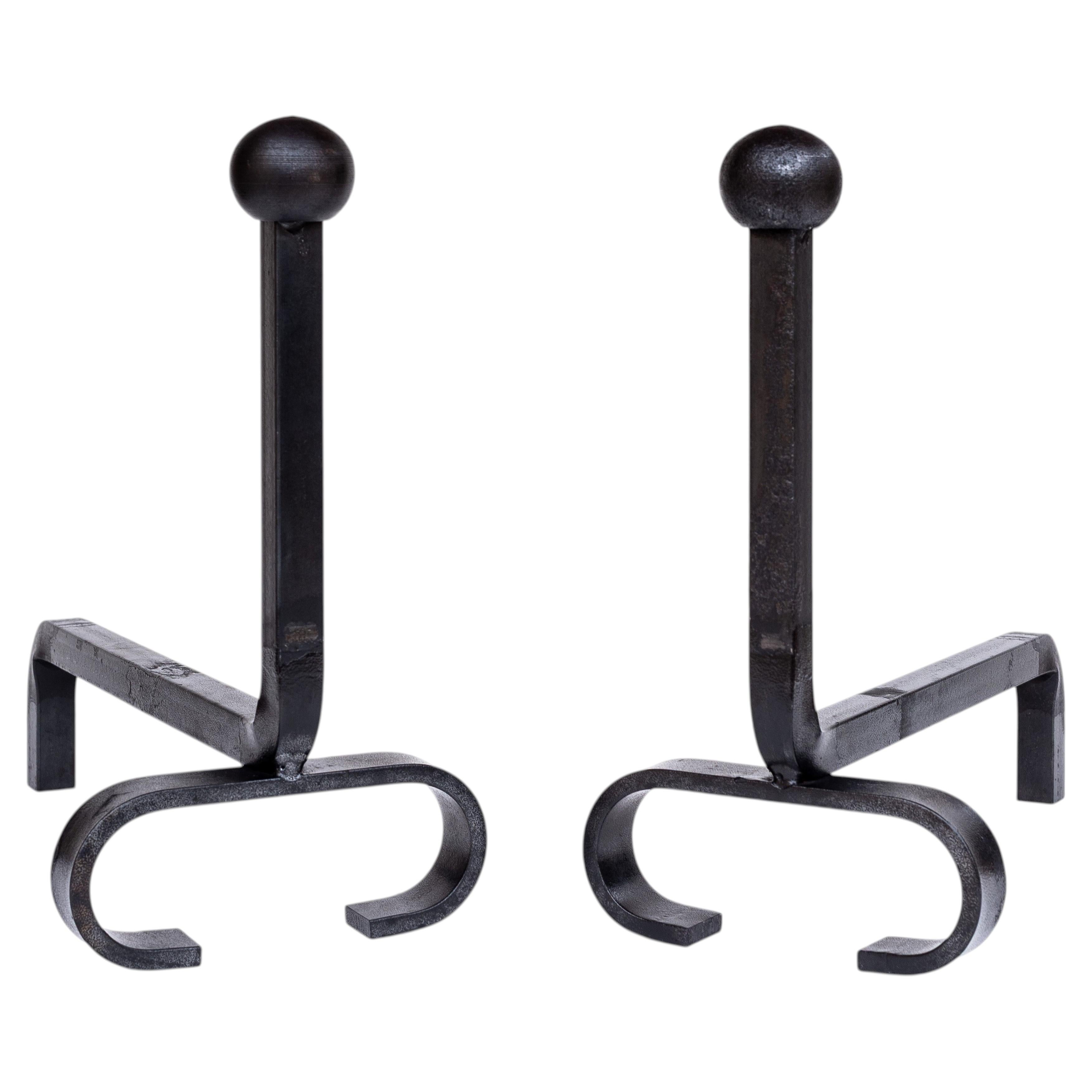 Modernist Wrought Iron Andirons - Pair of Brutalist Andirons - France 1950s