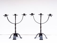 Pair of Modernist Candelabras - Forged & Turned Wrought Iron - France 1940