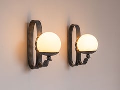 Brutalist Wall Sconces - Belt Wrought Iron & Opaline Glass Globes, France 1970s